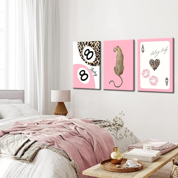 Set of 3 Trendy Pink Leopard Canvas Wall Art Cheetah Lucky 8 Ball Posters Prints Preppy Cheetah Aesthetic Wall Decor Pictures for Girly Bedroom Apartment Dorm Decoration 12x16in