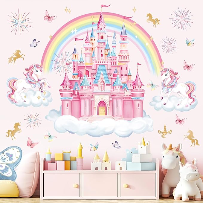 decalmile Rainbow Castle Wall Decals Unicorn Rainbow Butterfly Clouds Wall Stickers Girls Bedroom Baby Nursery Daycare Wall Decor
