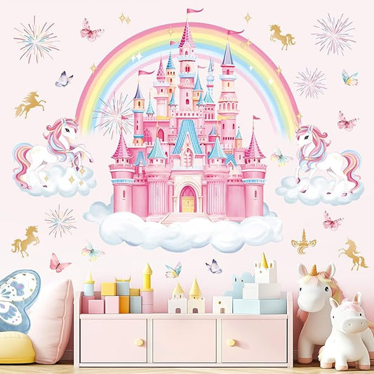 decalmile Rainbow Castle Wall Decals Unicorn Rainbow Butterfly Clouds Wall Stickers Girls Bedroom Baby Nursery Daycare Wall Decor