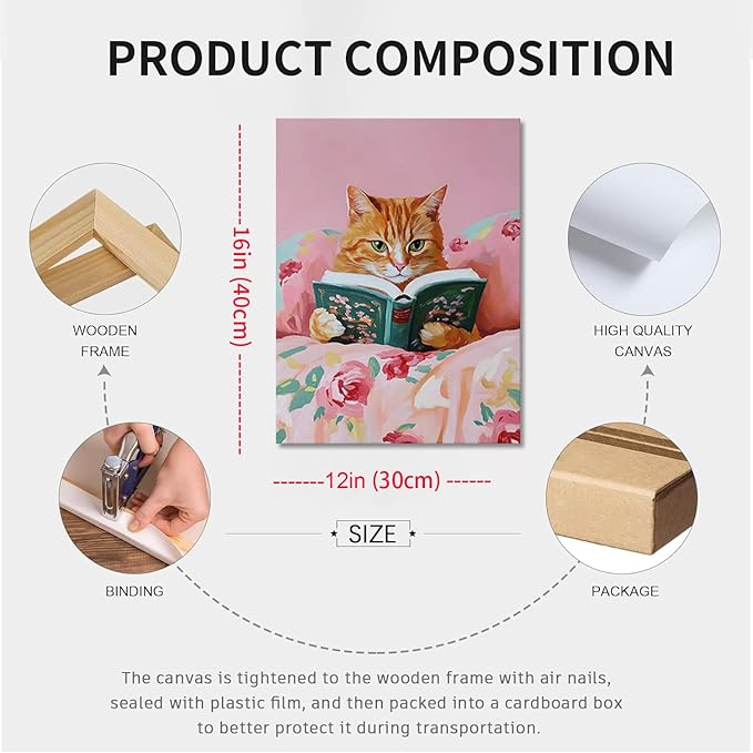 Framed Vintage Cats Canvas Wall Art, Funny Animal Reading Books Poster Printing Pictures, Pink Cute Cat Lovers Wall Decor for Girls Room Bedroom Kids Room Living Room Bathroom 12x16 in