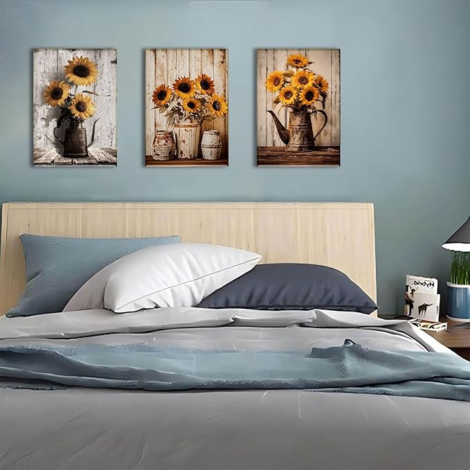 AOYUSMO 3 Piece Sunflower Wall Art Rustic Vintage Floral Canvas Wall Art Flower in Pitcher Pictures Wall Decor Farmhouse Art Prints for Kitchen Living Room Bedroom 12"x16" Framed