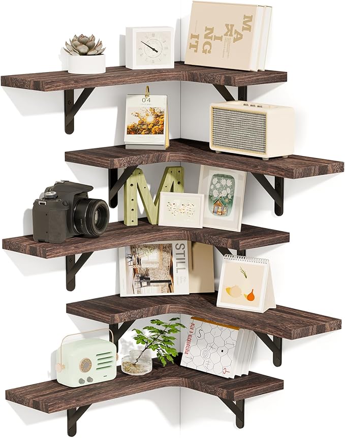 Fixwal Floating Shelves for Wall, Rustic Wood Wall Mounted Corner Shelf for Bathroom, Kitchen, Bedroom, Home Decor, Laundry Room, Living Room, Set of 5 (Walnut Brown)