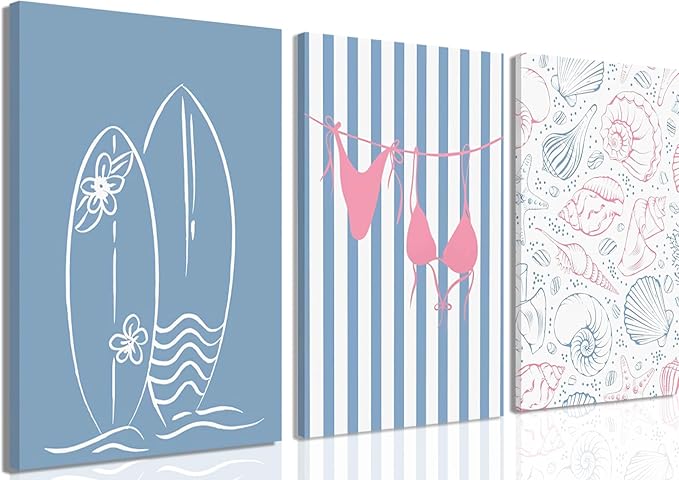 Beach Themed Wall Art Set of 3, Trendy Preppy Blue Surfboard Bikini Seashell Canvas Prints, Coastal Ocean Nautical Wall Decor Artwork for Bathroom Bedroom Living Room Home Decor 12x16 In Framed
