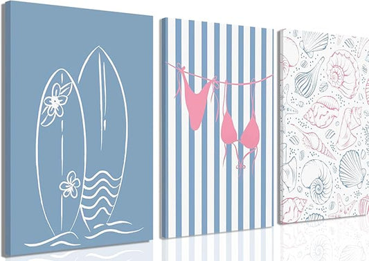 Beach Themed Wall Art Set of 3, Trendy Preppy Blue Surfboard Bikini Seashell Canvas Prints, Coastal Ocean Nautical Wall Decor Artwork for Bathroom Bedroom Living Room Home Decor 12x16 In Framed