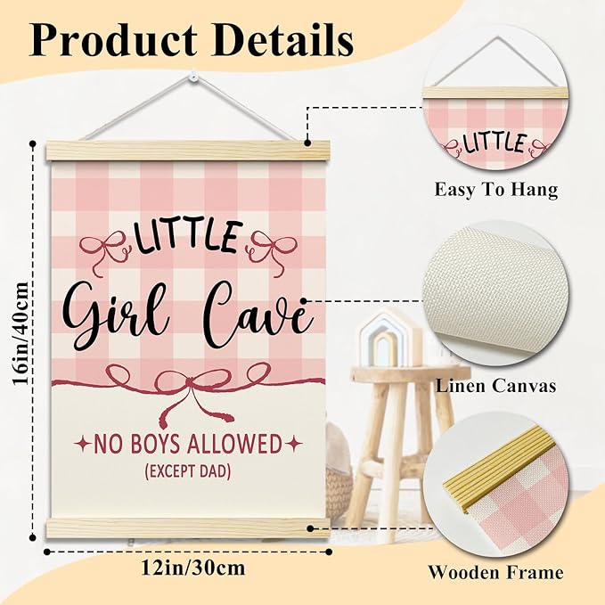 Littil Girl Cave Posters Hanger Frame for Girls Room Hanging Pink Bows Poster for Bedroom Kids Room Classroom Decor Wall Art Decor for Nursery Playroom Canvas Wall Art Print 16x12 Inches - YY045