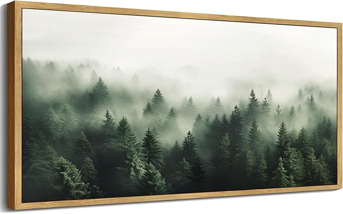 SHENIFY Green Fog Pine Tree Forest Vintage Framed Wall Art Modern Landscape Scenery Farmhouse Artwork Prints Decor for Kitchen Bedroom Living Room Bathroom - 8x16in Natural Framed