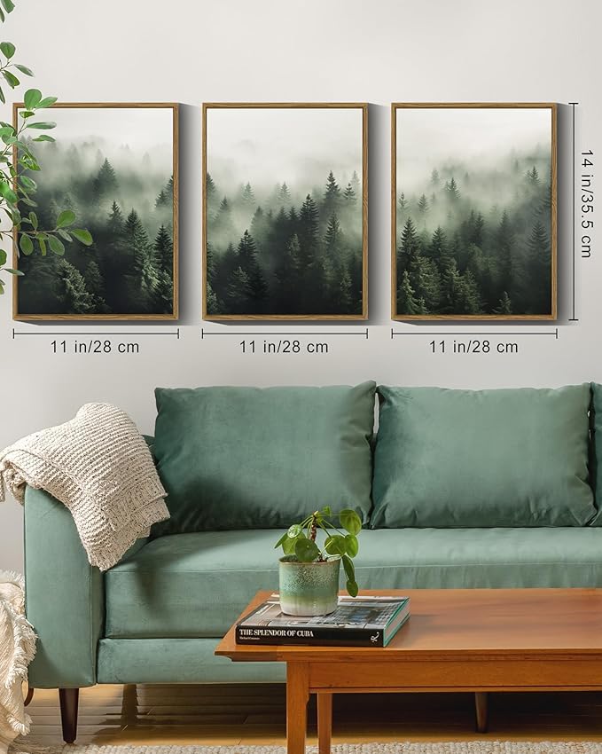 SHENIFY Green Fog Pine Tree Forest Canvas Wall Art 11x14in Framed Modern Artwork Prints Decor