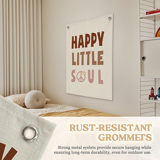 Nursery Wall Decor,Kids Room Decor,Happy Little Soul Linen Canvas Banner,Boho Inspirational Wall Hanging for Girls Bedroom,Nursery,Playroom 18x25 Inch