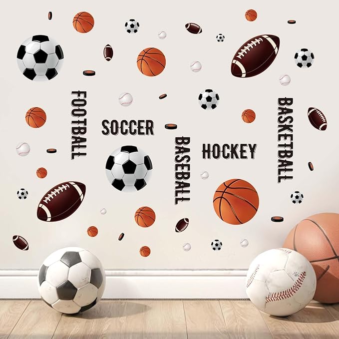 Basketball Football Soccer Sports Wall Stickers - Kids Baby Boys Wall Decals - Nursery Playroom Classroom Daycare Game Room Bedroom Home Wall Decor