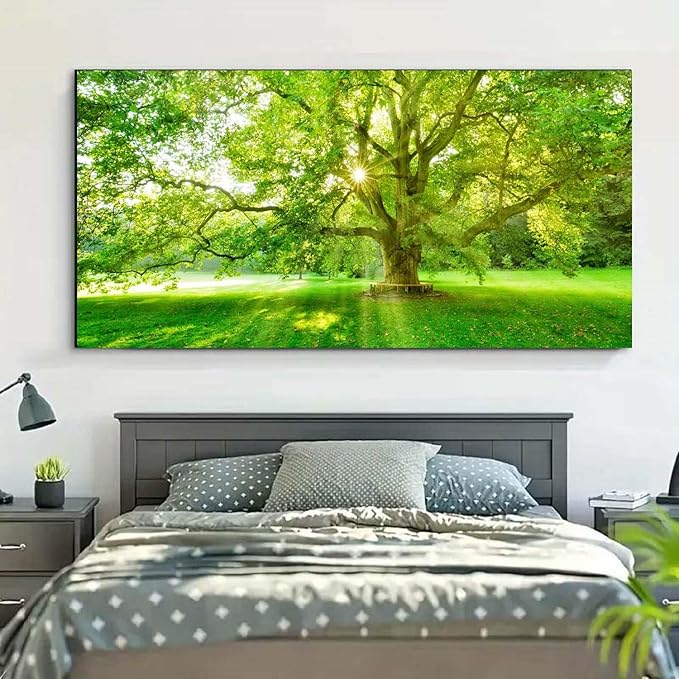 Bamdeya Large Wall Art Forest Picture Trees Canvas paintings Green Room Decor Sunrise Landscape Wall Art Nature Scenery Poster prints Bedroom Living Room Wall Decor Modern Home Decorations