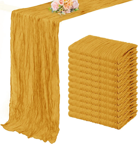 12 Pack Mustard 10FT Cheesecloth Table Runner Rustic Gauze Fabric Cheese Cloth Table Runner for Wedding Bridal Baby Shower Table Decor Boho Sheer Birthday Party Table Decorations 20 x 120 Inch Long