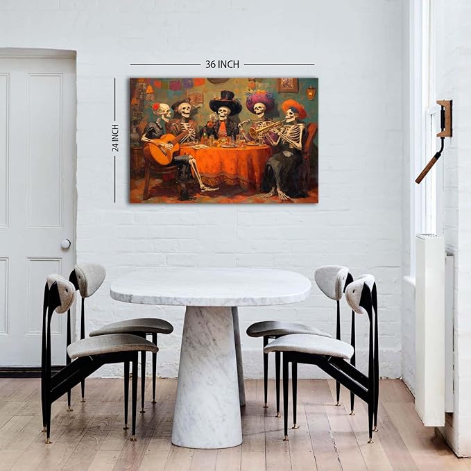 Watercolor Halloween Canvas Wall Art Gothic Skull Canvas Wall Decor Skeletons Party Painting Poster Funny Skull Prints Pictures Halloween Artwork for Kitchen Dining Room Home Decorations 24x36"