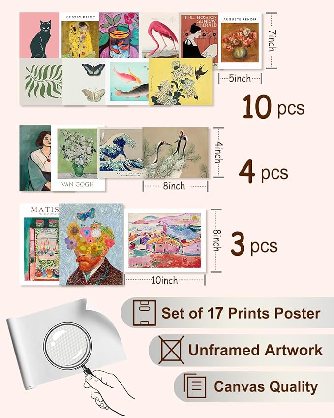 KBKBART Set of 17 Eclectic Wall Art Prints, Colorful Maximalist Wall Decor Canvas Boho Gallery Prints Collage, Vintage Famous Artists Painting Pictures Aesthetic Poster for Funky Room Decor, Eclectic Home Decor for Bedroom Dorm - Unframed