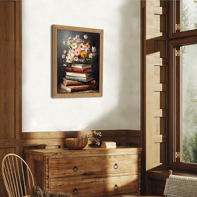 Framed Vintage Floral Wall Art - 3D Textured Flowers Books Sandstone Hand Drawn Art Oil Painting - Minimalist Botanical Wall Decor for Bedroom Living Room Office Decor 12X16in