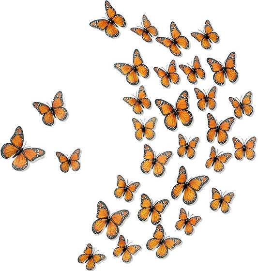 Chuangdi 100 Pcs Orange Monarch Butterfly Decorations 3 Size Fake Butterflies Realistic Butterfly Craft Artificial Mariposas Wall Decor for Craft Wedding Home Birthday Party (3.2inch,4inch,4.7inch)
