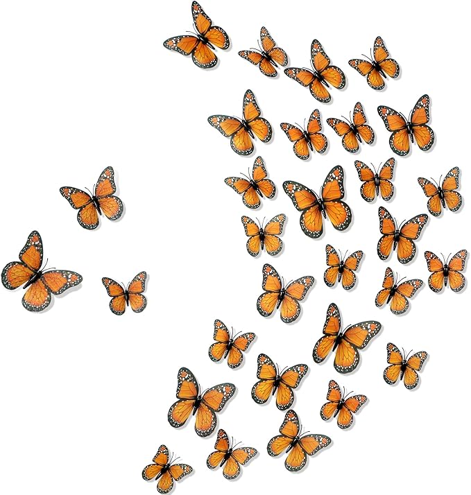 Chuangdi 48 Orange Monarch Butterfly Decorations 3 Size Fake Butterflies Realistic Butterfly Craft Artificial Mariposas Wall Decor for Craft Wedding Home Birthday Party (3.2inch,4inch,4.7inch)