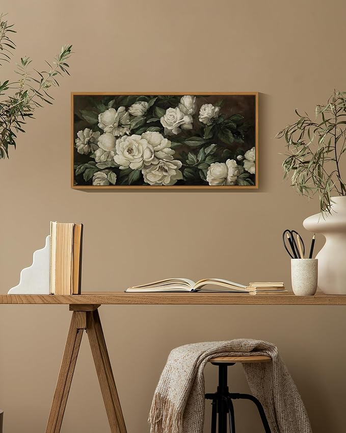 SHENIFY Vintage Framed Wall Art Rose Flower Landscape Painting Retro White Floral Scenery Farmhouse Kitchen Living Room Decor - 8x16in Natural Framed