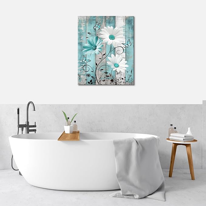 MYUSRE Farmhouse Teal Floral Wall Art for Bathroom, Turquoise Daisy and Butterfly on Retro Wood Canvas Wall Art Wildflower Nature Plant Pictures for Bedroom Living Room Wall Decor, 16L X 12W inches