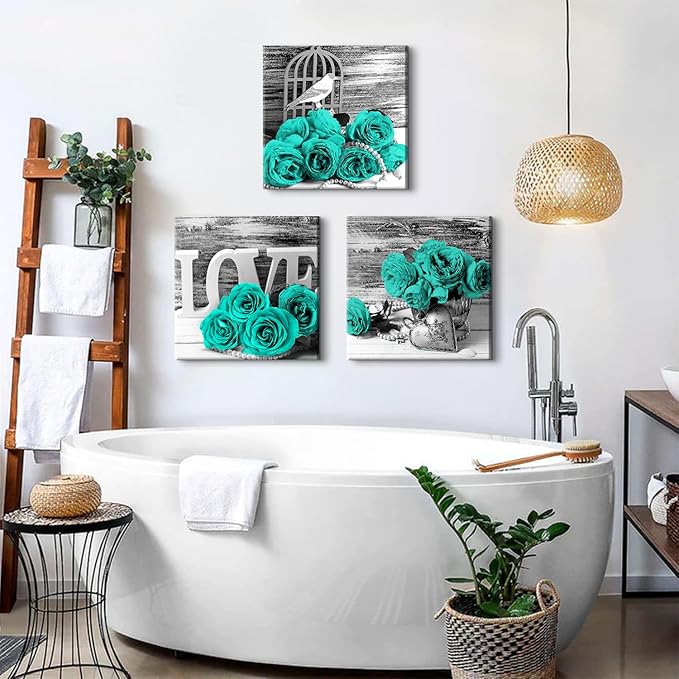 Teal Roses Floral Wall Art for Bathroom Home Decor Framed Canvas Prints Black&White Blue Rose Flowers Paintings Warm Family Pictures Posters Modern Artwork Homes Decorations Set of 3 Pieces 24x24