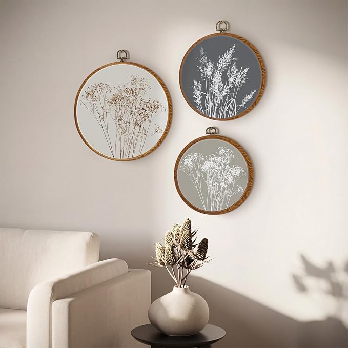 Fiwochic 3 Pcs Round Beige Wall Decor Boho Vintage Flowers Wall Artwork Spring Floral House Artwork Flowers Painting Canva Print Framed Art Farmhouse Nature Hanging Boho Decor for Bedroom
