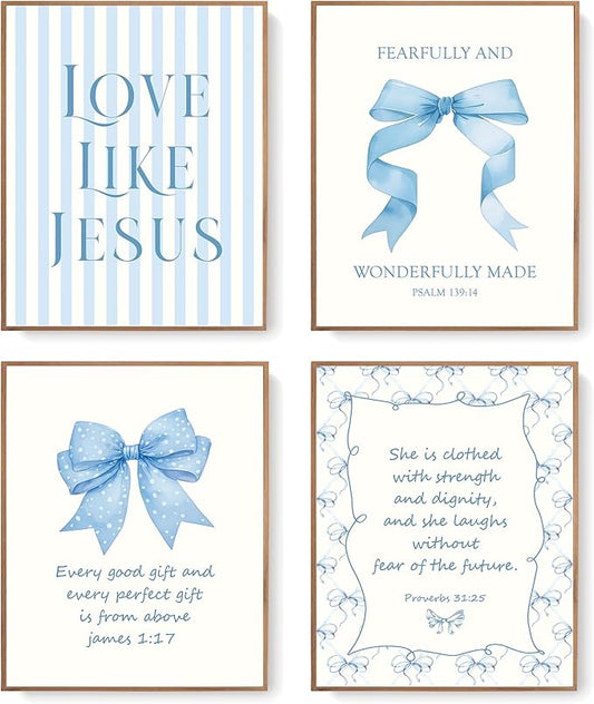 LARTSFRO Coquette Blue Bow Jesus Wall Art Decor Posters, Light Blue Bow Christian Room Bathroom Bedroom Dorm Wall Art Decor Aesthetic for College Teen Girls Gifts, Inspirational Bible Verses Bow Wall Decor, 10x8 Inch Set of 4 Bow Pictures(UNFRAMED)