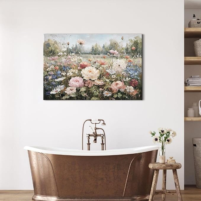 Vintage Wildflowers Wall Art Roses Daisy Canvas Painting for Living Room Farmhouse Colorful Flower Canvas Prints Rustic Country Nature Floral Landscape Artwork for Bedroom Home Decorations 24x36"