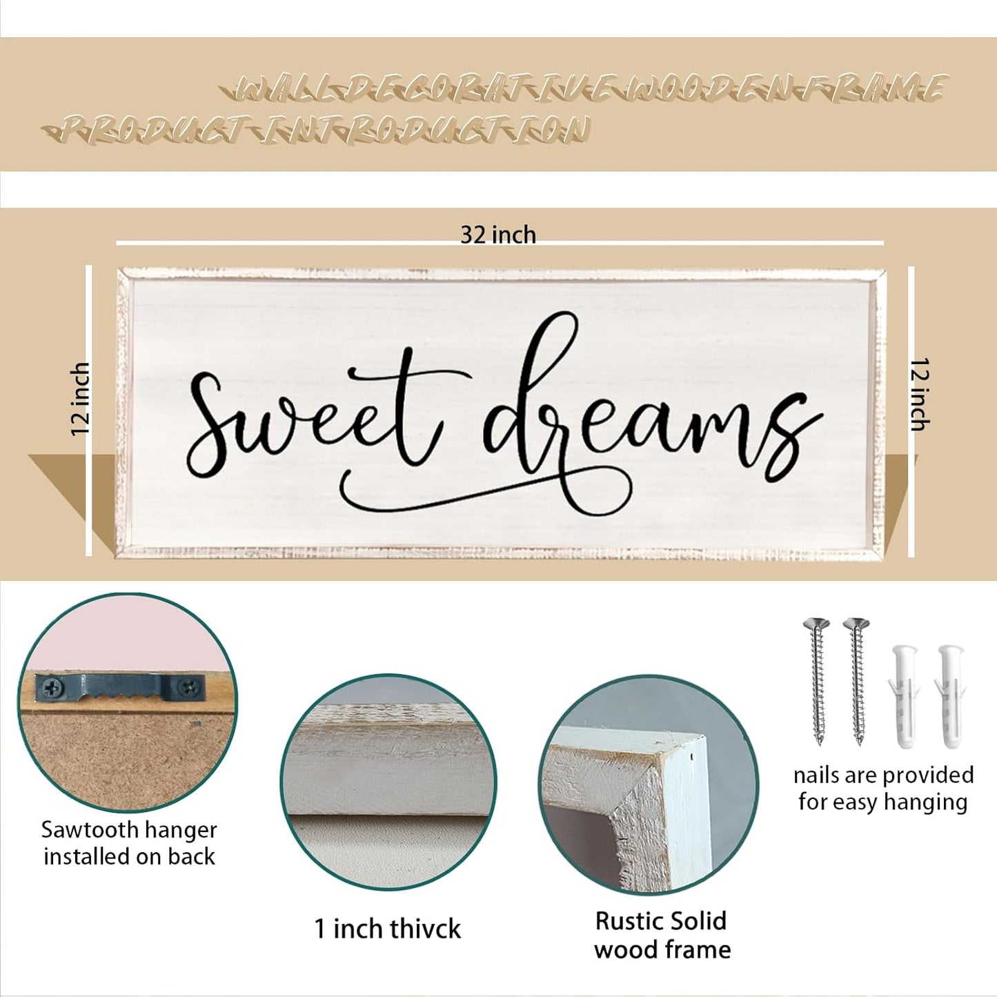 comurdyo Sweet Dreams Wall Decor Above Bed Sign 32" x 12" Master Bedroom Wooden Antique Framed Large Rustic Farmhouse Guest Room Beautiful Simple Hanging Plaque Over Bed Wall Art (White)