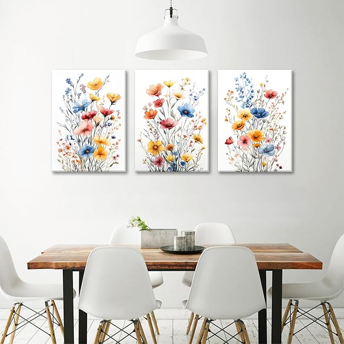 okudolit Colorful Wildflower Framed Canvas Wall Art Set Of 3 Flowers Pictures Prints Flowers Printing Floral Watercolors Flower wall Decor Living Room Bedroom Dinning Room Farmhouse Office-16 x24in