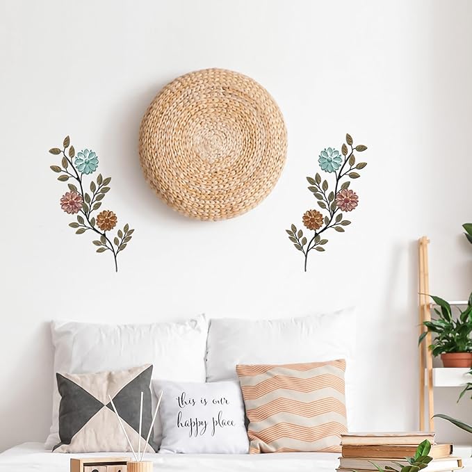 MorningRo 2 Pcs Metal Flower Leaves Wall Art, 15.75 Inch Spring Wall Decor, Vintage Leaf Wall Hanging, Rustic Wall Decor for Holiday Indoor Outdoor