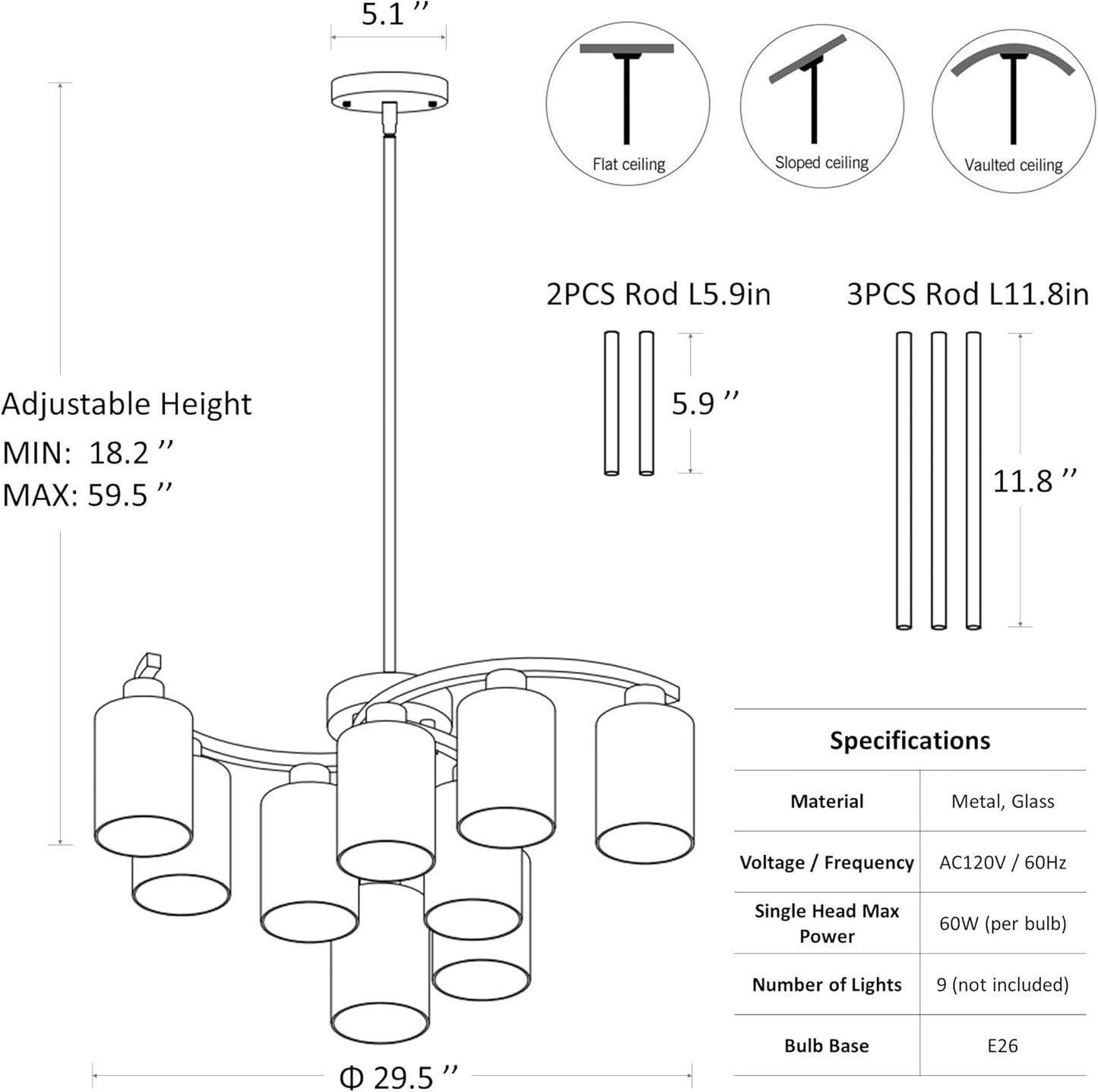 9-Light Gold Glass Chandelier, Adjustable Height Dining Room Light Fixtures Over Table, Contemporary Hanging Chandelier for Kitchen Island Living Room Foyer Office, Clear Glass Shade