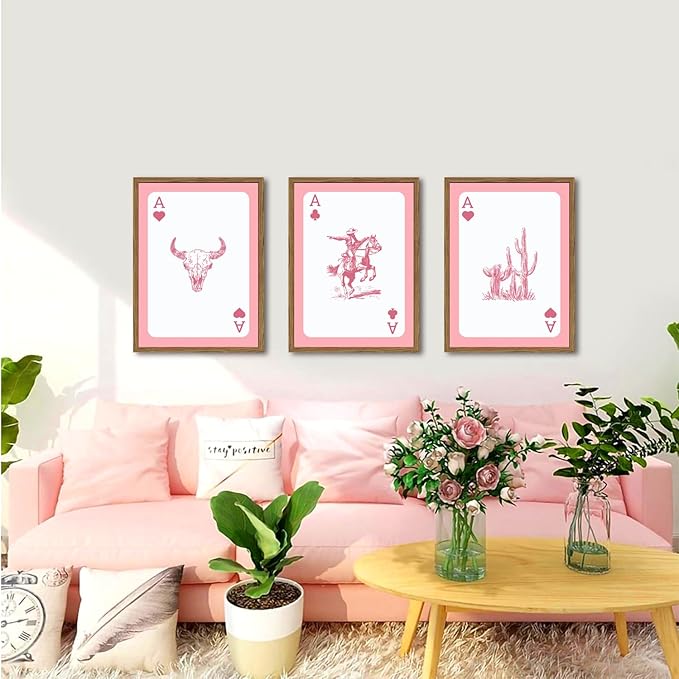 Western Cowboy Wall Art Set of 3 Southwestern Playing Card Wall Decor Pink Western Poster Canvas Prints Longhorn Bull Skull Room Decor for Bedroom Living Room Framed 12x16 inch
