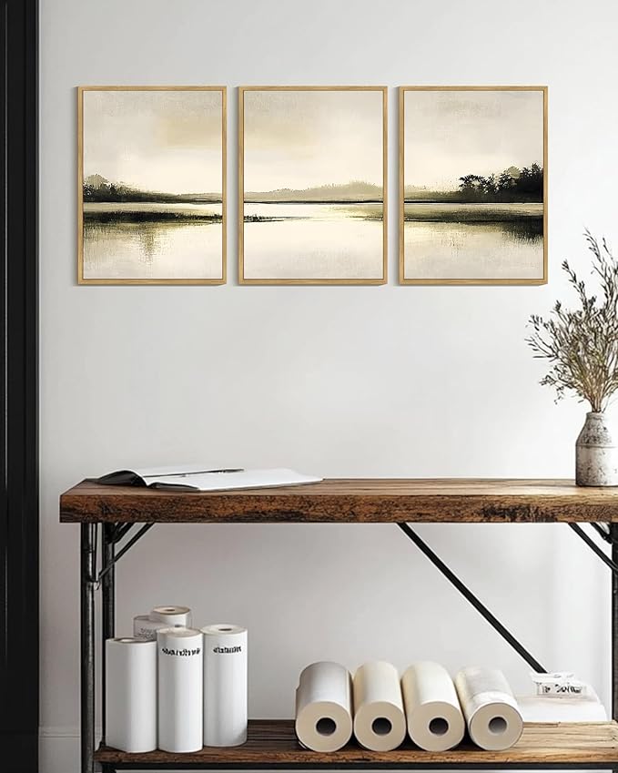 Drsoum Vintage Black Gray Abstract Laker Landscape Wall Art Framed Brown Tan Neutral Prints Minimalist Modern Rustic Artwork Bedroom Living Room Ready to Hang 12x16in Natural Framed