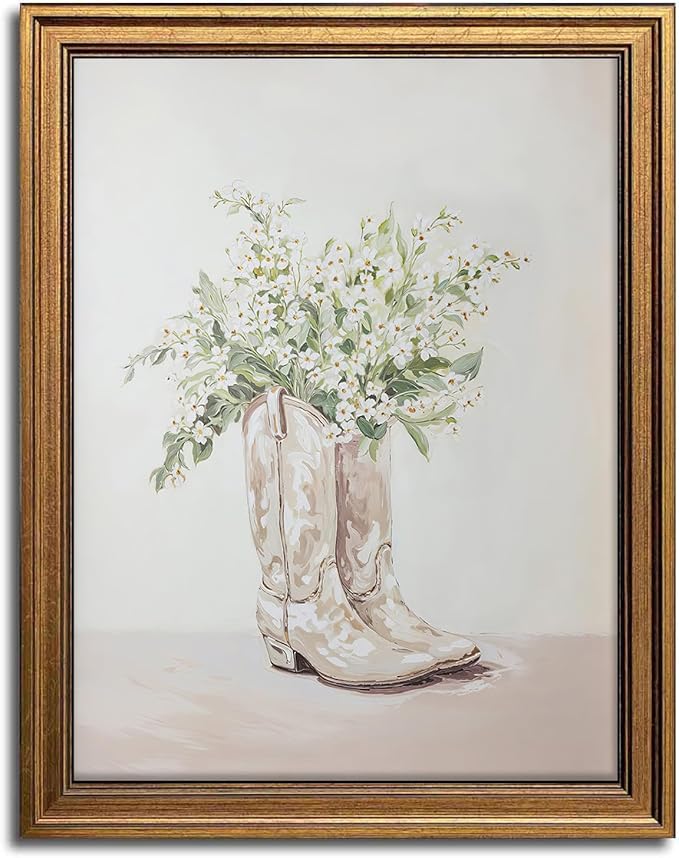 Vintage Framed Floral Cowgirl Boots Canvas Wall Art Preppy Western Flowers Printing Aesthetic Wall Decor for Living Room Bedroom Apartment (16L''x12W'')