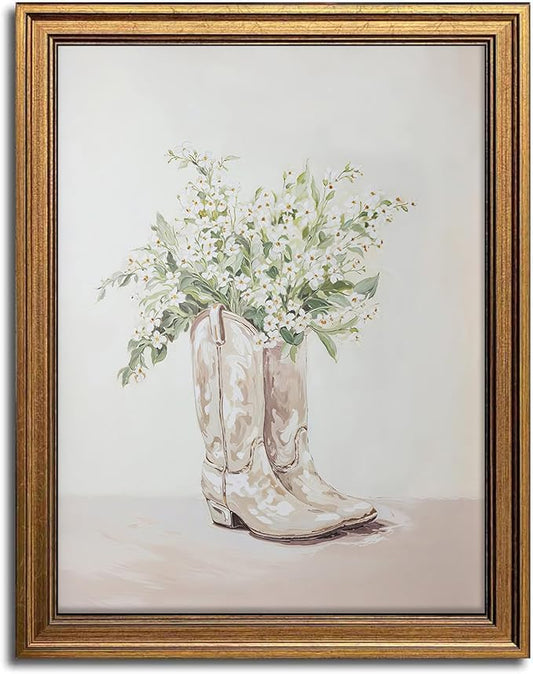 Vintage Framed Floral Cowgirl Boots Canvas Wall Art Preppy Western Flowers Printing Aesthetic Wall Decor for Living Room Bedroom Apartment (16L''x12W'')