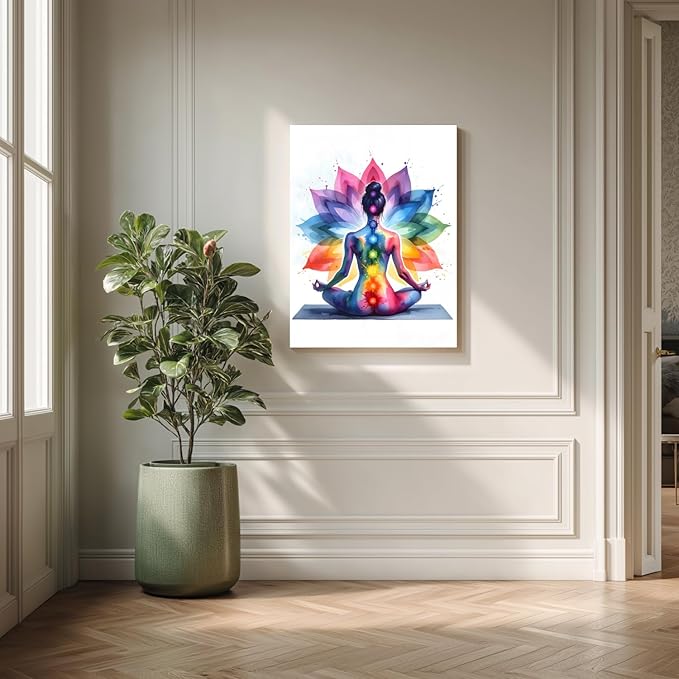 GELDSTEI Framed Zen Wall Art, Chakra Yoga Wall Decor, Colorful Meditation Poster Print, Spiritual Canvas Painting, Vibrant Meditating Woman Aesthetic Picture for Living Room Yoga Studio 12x16 Inch