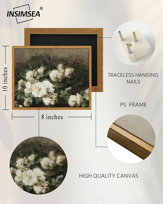 InSimSea Framed Canvas Wall Art Vintage Decor, Vintage Flower Pictures Decor Aesthetic, Small Wall Art, Desk Shelf Decor, Floral Paintings Decor for Bedroom Bedroom Office Decor, 8"x10"