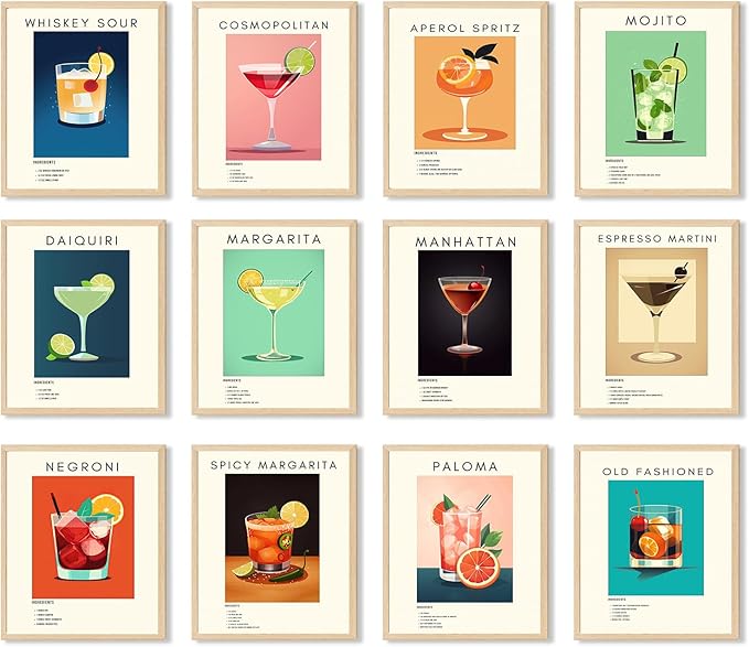 Retro Cocktail Poster Bar Wall Art, Classic Cocktail Wall Decor Set of 12 Vibrant Colorful Preppy Alcohol Prints, Minimalist Alcohol Pictures for College Apartment Wall Decor (8x10 Inches Unframed)