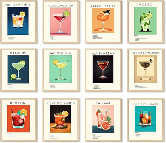 Retro Cocktail Poster Bar Wall Art, Classic Cocktail Wall Decor Set of 12 Vibrant Colorful Preppy Alcohol Prints, Minimalist Alcohol Pictures for College Apartment Wall Decor (8x10 Inches Unframed)