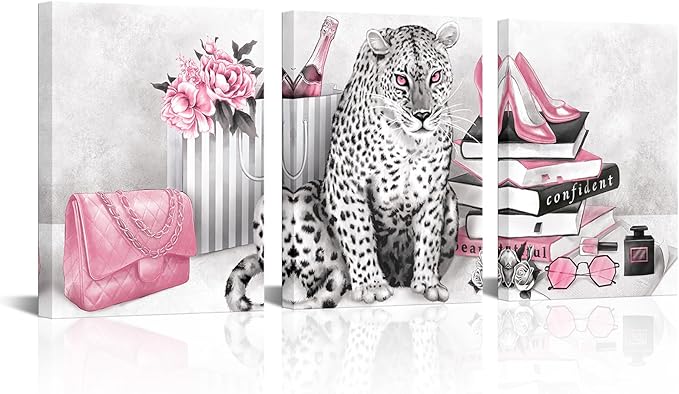 Visual Art Decor Glam Fashion Picture Pink Blush Wall Art Leopard Books High Heel Shoes Perfume Canvas Prints for Modern Home Office Woman Girl Makeup Bedroom Wall Decoration Creative Design Gift