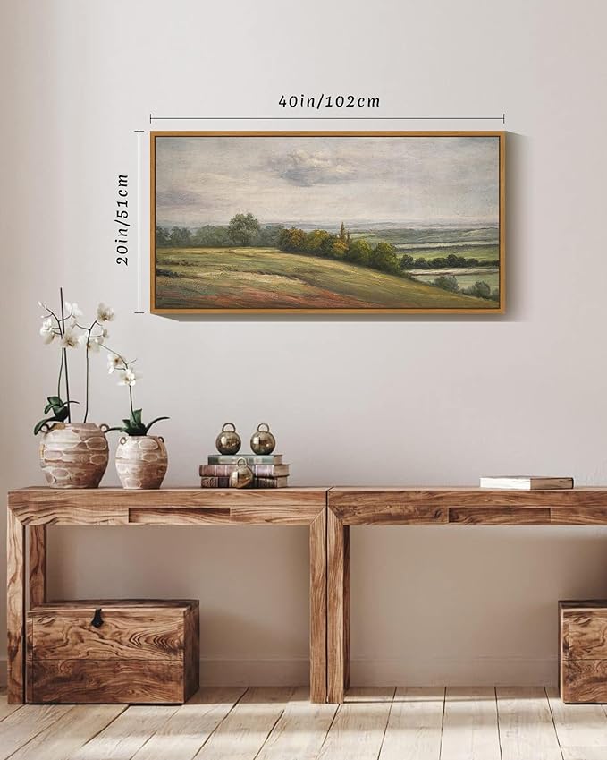 SHENIFY 20x40in Extra Large Vintage Framed Wall Art White Clouds Over Vast Grassland Landscape Painting Retro Meadow Scenery Farmhouse Bedroom Above of Bed Living Room Decor - Natural Framed