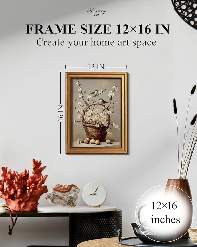 HUARCEY Gold Framed Canvas Wall Art, Bird Flower Basket Vintage Decor, Paintings Farmhouse Wall Decor, Retro Table Desk Decoration Bathroom Bedroom Living Room, 12x16Inch