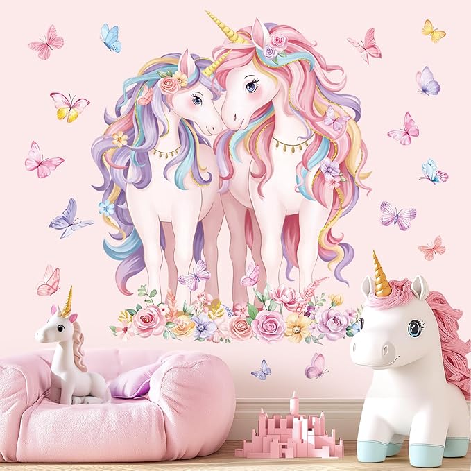 decalmile 2 Large Size Unicorn Wall Decals Unicorn Flower Butterfly Wall Stickers Baby Nursery Kids Room Girls Bedroom Wall Decor