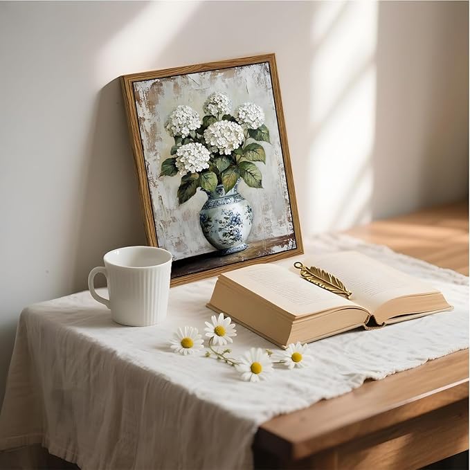 Vintage Chinoiserie Floral Canvas Wall Art White Hydrangea Wall Decor Print Farmhouse Still Life Painting Blue and White Porcelain Picture for home bedroom living room decoration 12x16in frame