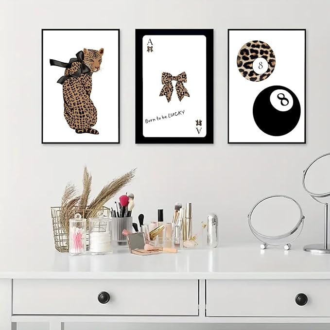 Set of 3 Trendy 8 Ball Leopard Wall Art Ace Card Bow Wall Decor Pictures Funky Born To Be Lucky Posters Prints Preppy Aesthetic Cheetah Room Decor for Girls Bedroom Apartment Dorm Unframed 16x24in