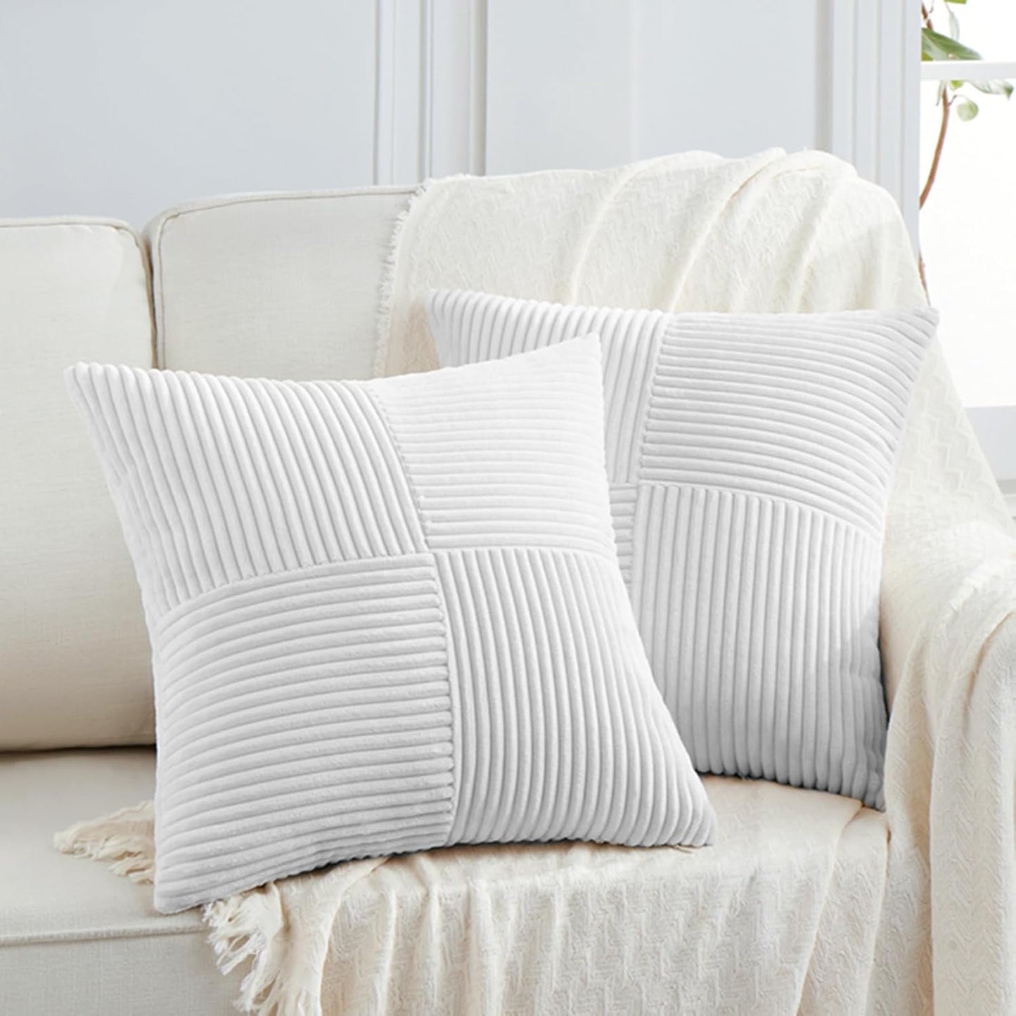 Fancy Homi 2 Packs White Euro Decorative Throw Pillow Covers 26x26 Inch for Living Room Couch Bed, Rustic Farmhouse Boho Home Decor, Soft Corss Corduroy Patchwork Textured Square Cushion Case 66x66 cm