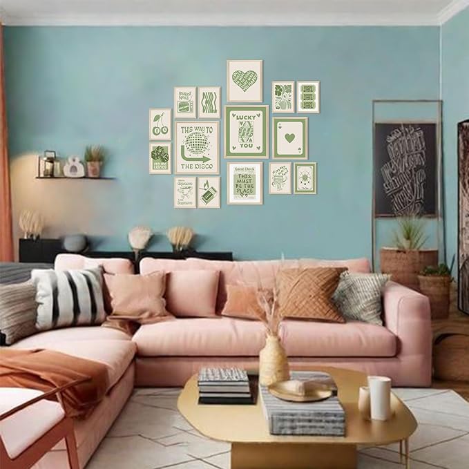 Aroutde Green Lucky Poster - Trendy Sage Green Wall Art - Guest Check Print - Lucky You - Room Decor - Y2K Canvas Wall Art - Set of 15 (Unframed)