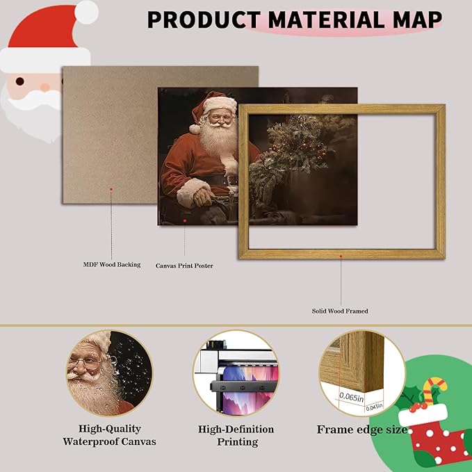 Christmas Wall Art Pictures, Vintage Christmas Wall Decor Prints, Vintage Santa Portrait Canvas Print Posters, Farmhouse Santa Pictures for Wall Framed 16x24 Inch