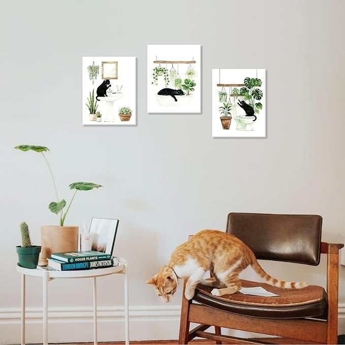 CHDITB Black Cat Bathroom Canvas Wall Art Set of 3, Funny Cat Watercolor Painting, Botanical Cats Wall Decor, Boho Plants Poster, Cute Kitten Art Prints For Restroom Laundry Room Decor(12X16 Inch)