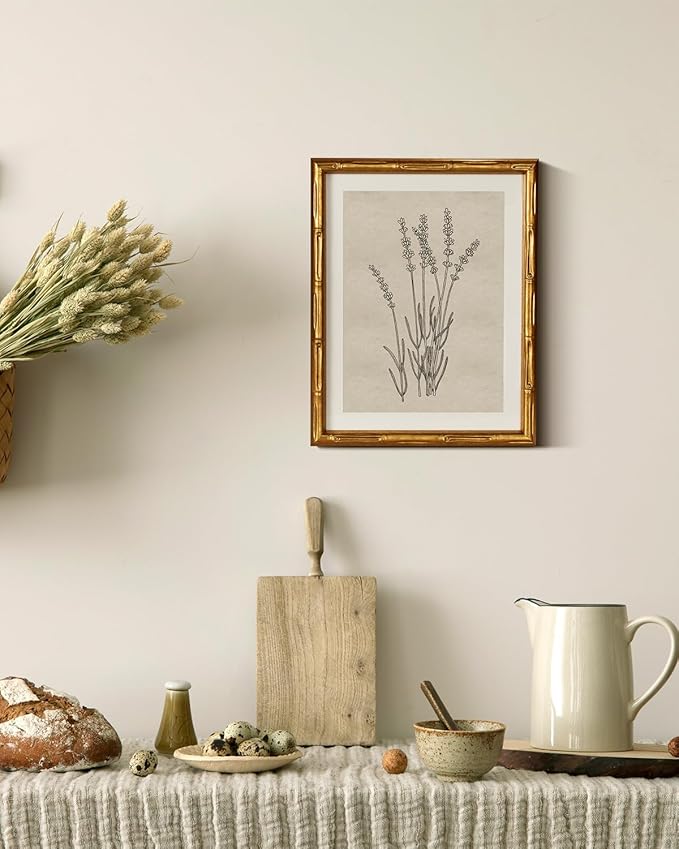 InSimSea Gold Bamboo Framed Canvas Wall Art, Minimalist Lavender Botanical Paintings, Antique Vintage Picture Frame with Mat, Victorian Home Wall Decor for Living Room Bedroom Gallery, 11x14inch