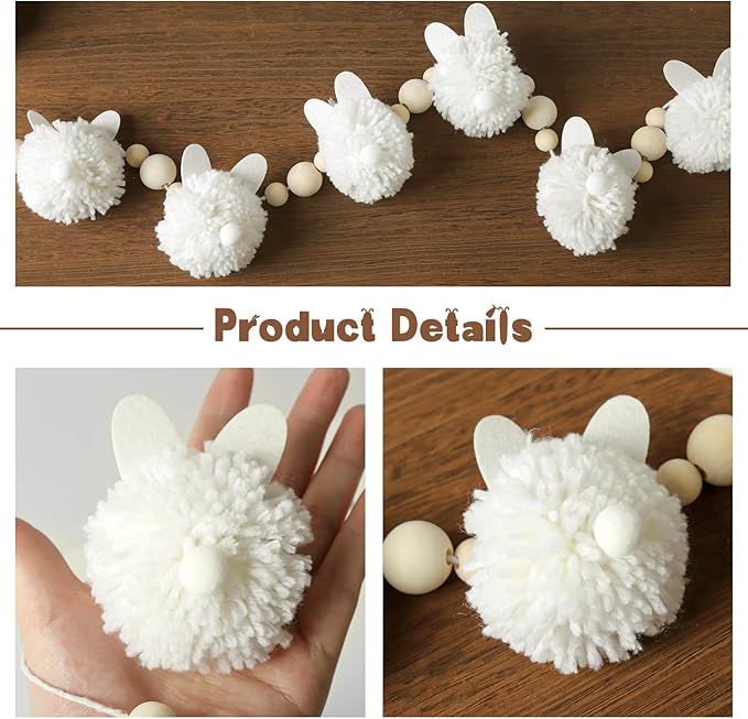 Easter Garland Decorations: Cute White Bunny Easter Garland with Wooden Beads, Rustic Rabbit Banner Decor for Mantel Fireplace Farmhouse Home Office Wall Indoor Outdoor Spring